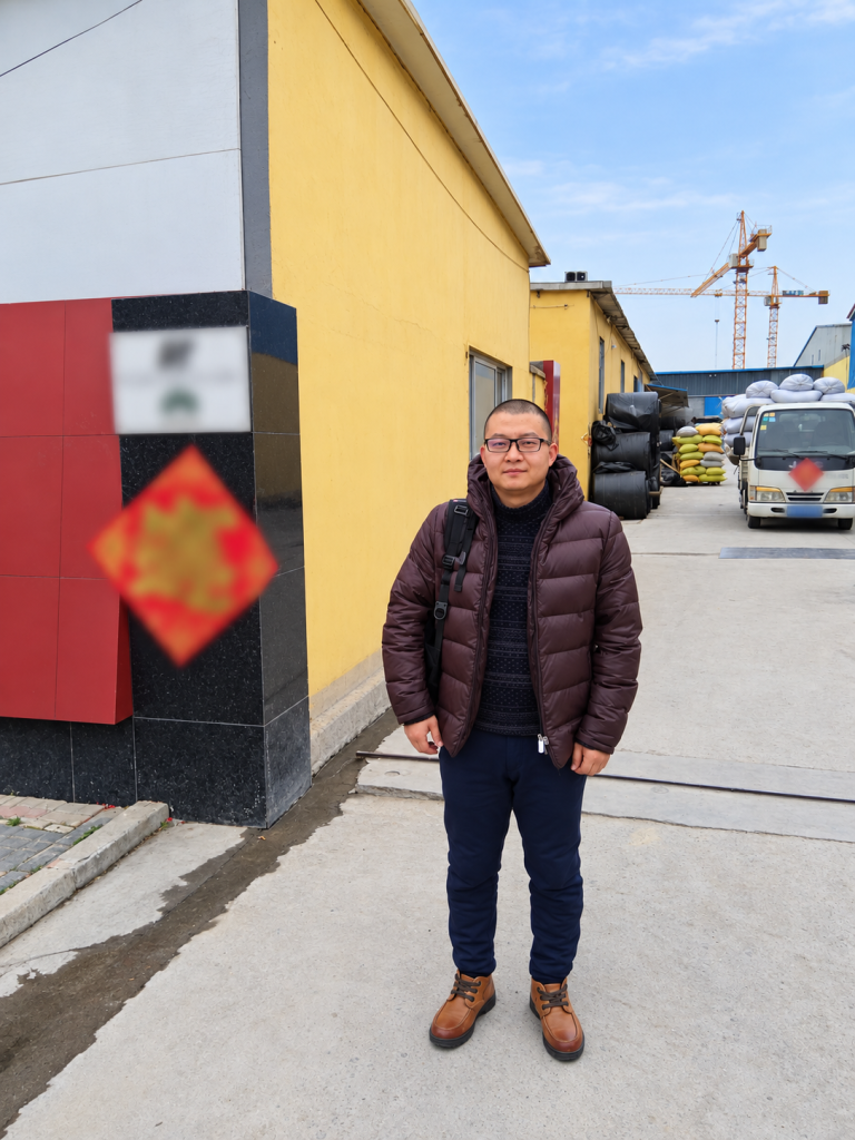 Harry Lee visiting a weed mat factory in Linyi Shandong in 2017 with company identifiers blurred