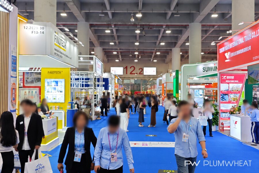 Buyers and exhibitors inside a Canton Fair exhibition hall in Guangzhou in April 2025.