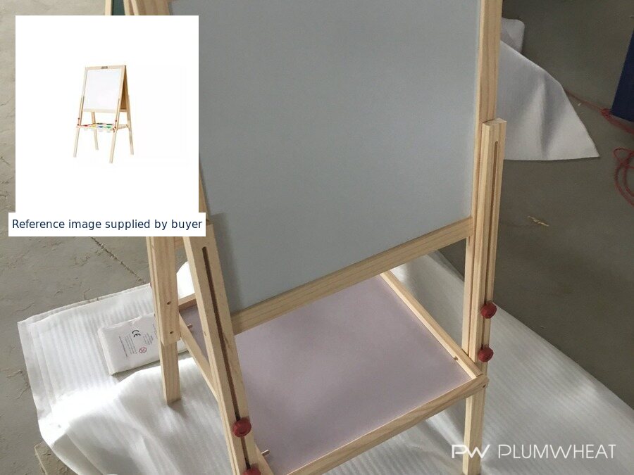 Comparison between a buyer's online reference image and the children's wooden easel located in China.