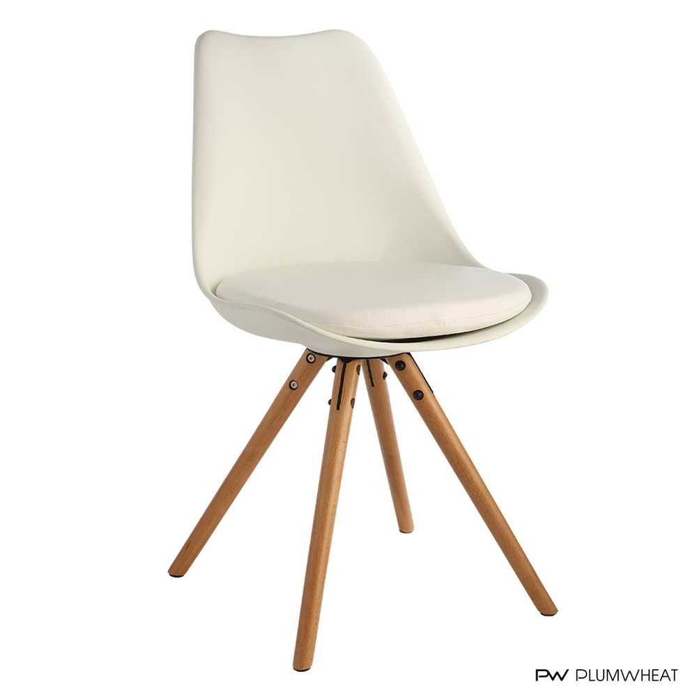 PW818 white dining chair with round wooden legs and support brackets
