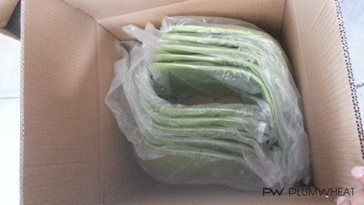 Stacked green leisure chair seats prepared for compact export packing