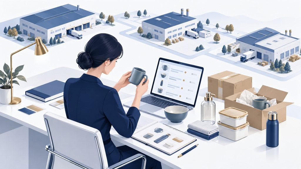 Illustration of a China sourcing agent comparing product samples and suppliers