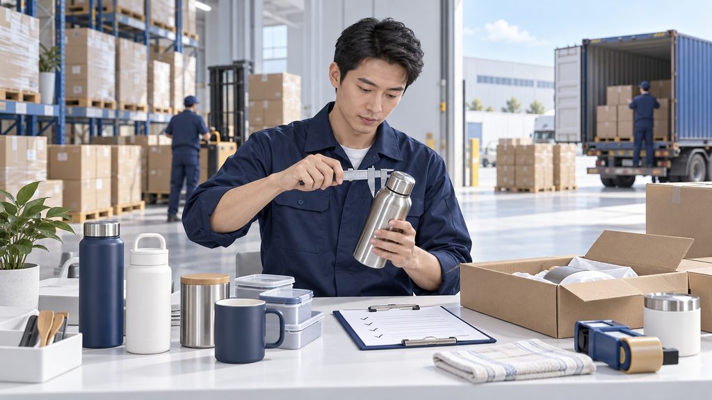 Illustration of product quality inspection and shipment preparation