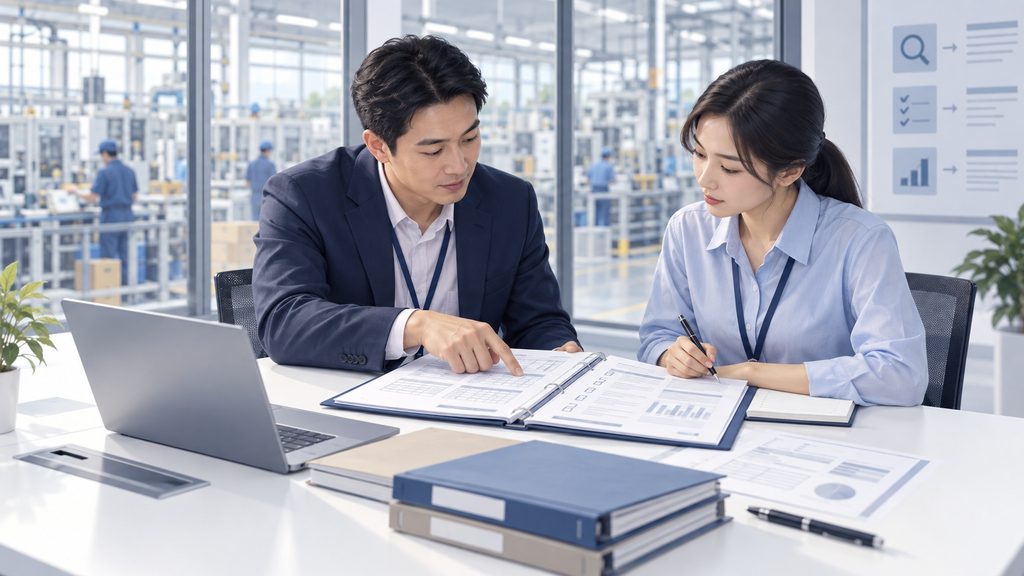 Illustration of reviewing factory quality records and supplier documents